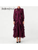 Solid Spliced Ruffles Folds Dresses for Women O Neck Long Sleeves High Waist Patchwork Lace Up Dress Female