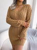 V Neck Casual Short Knit Dress Autumn Winter Women Solid Long Sleeve Dress Lady Khaki Bodycon Knitted Dresses