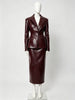 IG Women Burgundy Croc Faux Leather 2 Piece Suit Set Notched Lapel Slim Blazer Jacket High Waist Midi Pencil Skirt Elegant