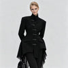 Women Black Blazer Stand Collar Metal Buckle V-Neck Hollow Waist Slim Fit Party Long Suit Jacket