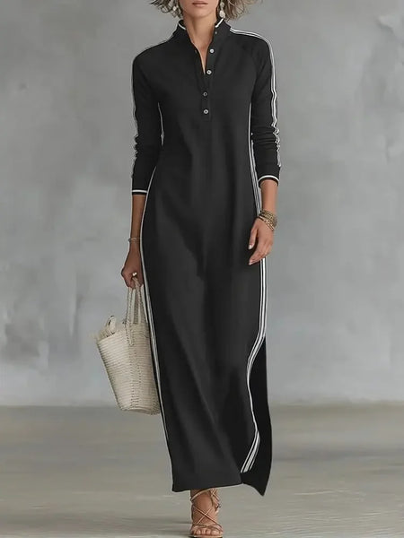 Autumn Vintage Striped Trim Long Sleeve Maxi Dress Women's Stand Collar Button Straight Dress Loose Casual Party Maxi Dresses