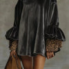 Autumn Turtleneck Solid Soft Velvet Dress Woman Casual Patchwork Leopard Ruffle Mini Dress Winter Long Sleeve A-Line Party Dress