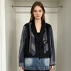 Splicing Plaid Denim Blazer Women's Heavy Industry Belt Design Loose Fake Two Pieces Casual Jacket Top