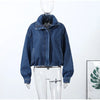 Chic Stand Collar Denim Cropped Jackets Women Loose Zipper Pockets Full Sleeve Female Coats Spring Lady Outwear Street