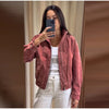 Vintage Suede Jackets Women's Loose Full Sleeves Zipper Pockets Stand Collar Coats Ladies Autumn Solid Streetwear