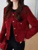 Pirce WineRed Tweed Coats Female Autumn Winter Temperament Short Jacket Korean All-Match O-Neck Outerwear