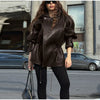 Drawstring Waist Brown Textured PU Leather Jacket Women High Neck Asymmetric Zip Button Detail Oversized Full Streetwear