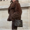 Women Brown Faux Fur Open Front Cardigan Coat Long Sleeve Collarless Loose Plush Outerwear Lady Elegant Winter Warm Furry Jacket