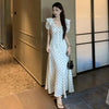 Elegant Lady V-Neck Polka Dot Dress French Ruffles Bubble Sleeve Lace Up Vestidos Temperament Waist Tight A-Line Long Robes