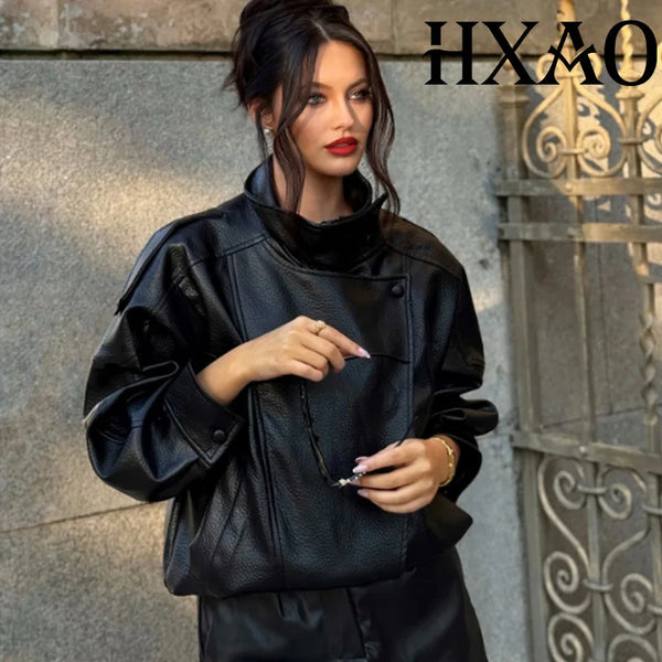 Black Jacket Women's Coat Faux Leather Jacket Outerwears Demi-Season Bomber Moto Biker Zipper Jacket High Neck Short Coat