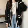 Autumn Vintage Mid Long Sweater Cardigan Woman Preppy Style Contrast Color Knitted Coat No Button Casual Street Open Outerwear
