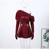 Fur Paneled Off-Shoulder Rhinestone Mini Dress Burgundy Velvet Pleated Evening Elegant Women Dresses Party Chic Lady Gown