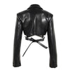 Women's Jackets Lapel Collar Slim Cross Lace Up Waist Long Sleeve PU Leather Short Coat Autumn 17A2947