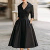 Autumn Long Sleeve Lapel Draped Slim Women Dress Ladies Clothes Solid High Waist Pocket A-Line Prom Dresses Vestido