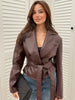 Burgundy PU Jacket Women Autumn Slim Lace Up Blazer Top Fall Casual Leather Jackets Coat Femme