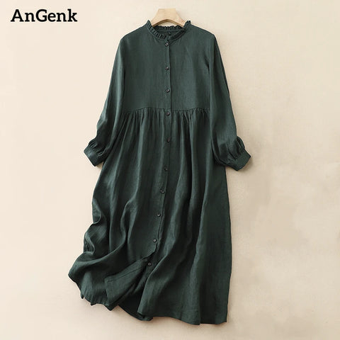 Cotton Vintage Long Sleeve Dresses For Women Casual Elegant Korean Style Office Work Dress Ladies Clothing Spring Autumn