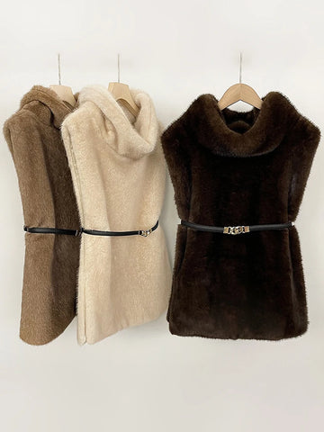 Winter Spring Women Faux Fur Sable Vest Crop Top Solid Turtleneck Eco Mink Faux Fur Tank Tops Pullover Jacket