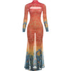 Sexy See Through Dress Women Hollow Hipster Colorful Print Stretch Skinny Midnight Party Clubwear Fishtail Bodycon