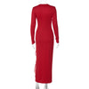 V-Neck Long Sleeve Slim Side Slit Mesh Patchwork Long Dress Women'S Solid Sexy Elegant Clothes Party Club Autumn Outfit