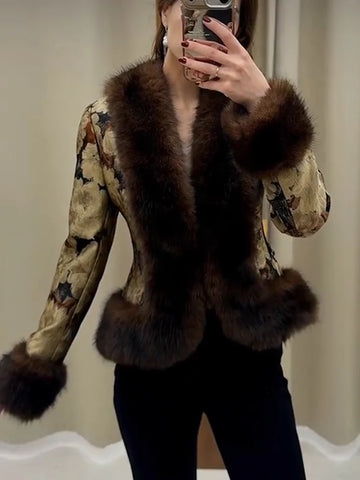 Women Vintage Floral Jacquard Faux Fur Trim Jacket V Neck Single Button Furry Cuff Cropped Coats Vintage Winter Warm Party Coat