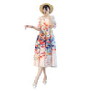 Elegant Plant Floral Printing Pleated Women's Dress Chic Round Collar Lantern Sleeve Elastic Loose Casual Dresses