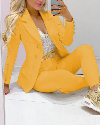 Casual Solid Suit Coat Pants Set Office Lady Autumn Elegant Long Sleeve Top Trousers Two Piece Set Women Outfit