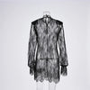 Sexy Black Embroidery Mini Dress Women Elegant Sheer High Waist Pencil Dresses Vintage Loose Flare Sleeve Short Dress