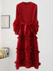 Elegant Women Pleated Dress O Neck 3D Floral Long Sleeves Fungus Spliced Design A-line Dresses Party 2AA1375