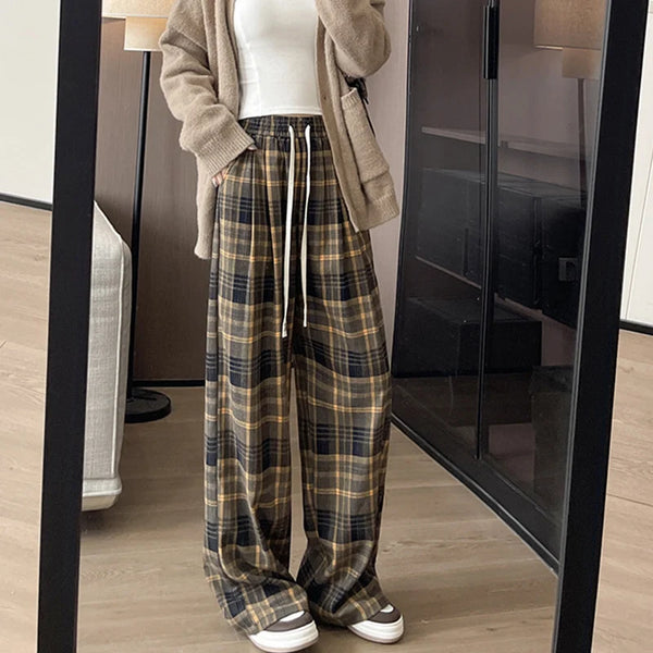 Women's High Waist Plaid Trousers Autumn Winter Korean Retro Straight Pants Loose Fit Drawstring Wide Leg Trouser Mujer
