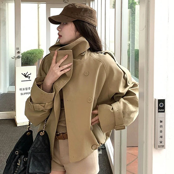 Women's Korean Style Relaxed Trench Coat Vintage Khaki Utility Jacket Spring Fall Casual Chic Versatile Outerwear