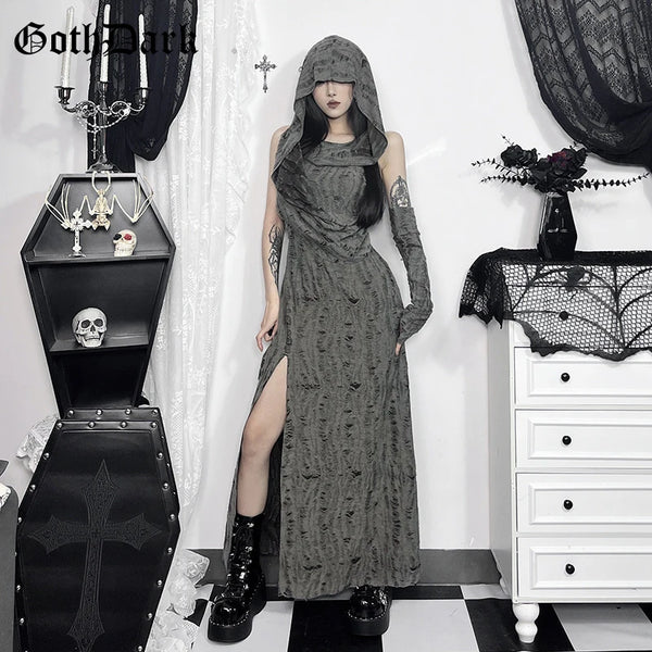 Chic Streetwear Outfit Mall Gothic Sleevelees Hooded Dress Punk Grunge Holes Hem Split Dresses for Women with One Cuff