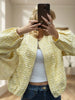 Women Yellow Jacquard Bomber Jacket Round Neck Zipper Long Sleeve Loose Cropped Coat Lady High Street Daily Outerwear