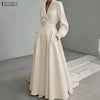 Women Autumn OL Work Dress Elegant Lapel Long Sleeve Office Dresses Solid Belted Robe Stylish A Line Party Vestidos