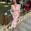 Elegant Floral Long Dress Women's Deep V neck High Waist Office Lady Party Dress Slim Long Sleeve Female Fishtail Dress