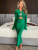 Elegant Hollow Out Sexy Maxi Dress For Women Spring V Neck Long Flare Sleeve Bodycon Club Party Evening Dress