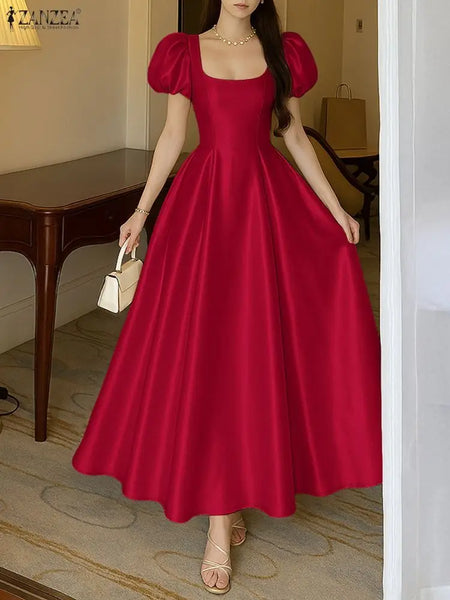 Elegant Chic Women Satin Wedding Guest Party Long Dresses Square Neck Short Puff Sleeve Fitted Waist A-Line Dress S-3XL