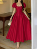 Elegant Chic Women Satin Wedding Guest Party Long Dresses Square Neck Short Puff Sleeve Fitted Waist A-Line Dress S-3XL
