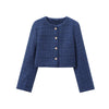 Women's Tweed Crop Jacket with Golden Buttons, O Neck, Long Sleeve Coat, Female Outerwear, Chic Tops