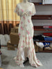 Floral Printed Chiffon Long Dress Women Chic Deep V-neck Lace Patchwork Mini Sleeves Slim Fit Dresses Lady Daily Wear