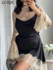 Elegant Lace Patchwork Short Dress Women See Through High Collar Flare Sleeve Party Dresses Autumn Lady Evening Robes