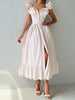 Flying Sleeve Ruffle Striped Slip Long Dress Women Elegant Square Collar Waist Cinching Pleat Party Dresses Chic Ladies Vestido