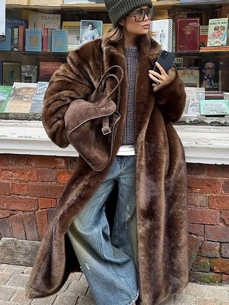 Women Faux Fur Overcoat Chic Lapel Long Sleeve Loose Fluffy Coat Lady Winter Warm Elegant Street Outerwear