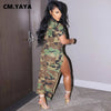 Street Camouflage Women High Side Slit Safari Maxi Long Skirt Suit + Shirt Dress Set Outfit Two 2 Piece Set
