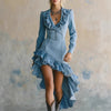 Elegant Ruffled Waist Pleat Long Dress Women's Irregular Solid Slim Party Dress Sexy V-neck Long Sleeve Wash Denim Dress