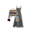 Spring Vintage Denim Skirt Matching Set Women's Elegant Loose Hollow Knitted Shirt+Sexy Split Dress Two Piece Suit