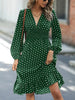 Spring Autumn Dots Print Elastic Waist Dresses Women V Neck Long Sleeve Dress Female Office Commuter Casual A-line Gown