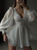 Solid Dresses For Women Deep V Neck Long Sleeves High Waist Patchwork Folds Minimalist Dress Female Clothing