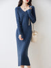 Women Pure Wool Sweater Dresses Long Sleeve Purllover 100% Merino Wool V-neck Knitwear Spring Autumn Grace Striped Dresses