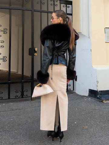 Women's Fur Patchwork Leather Jackets Furry Collar Slim Buttons Full Sleeve Female Coat Autumn Lady Street Outerwear