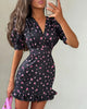 Sexy Flora Painted Ruffle Slim Dress Women Chic Full Sleeves Deep V-neck A-line Short Dresses Lady Night Club Street Gowns